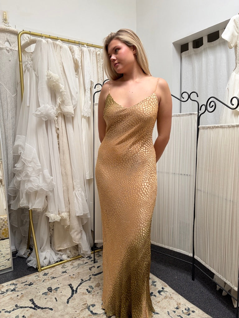 Vintage 90s silk beaded ombre floor length dress