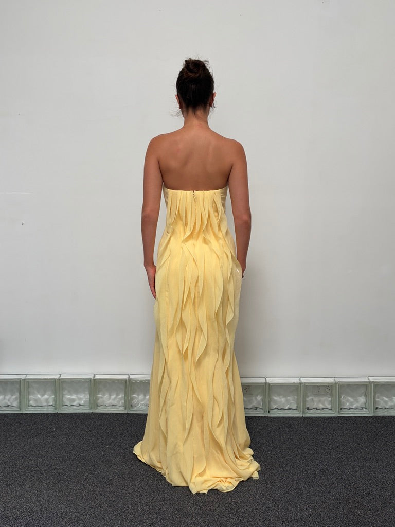 Vintage y2k Vera Wang yellow strapless ruffle gown