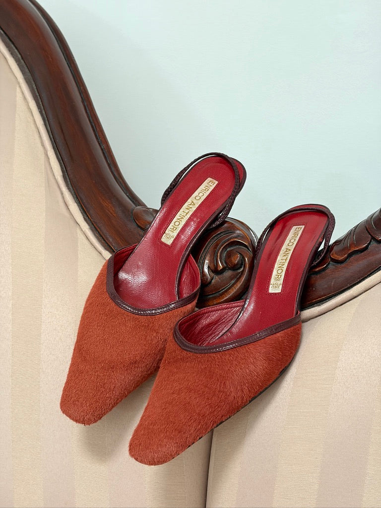 Vintage Enrico Antinori rust ponyhair slingback kitten heels
