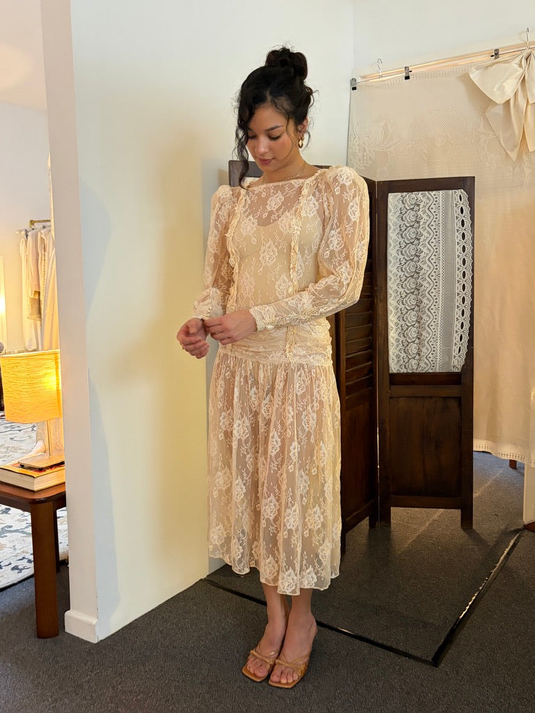 Vintage 80s drop waist long sleeve blush lace midi dress