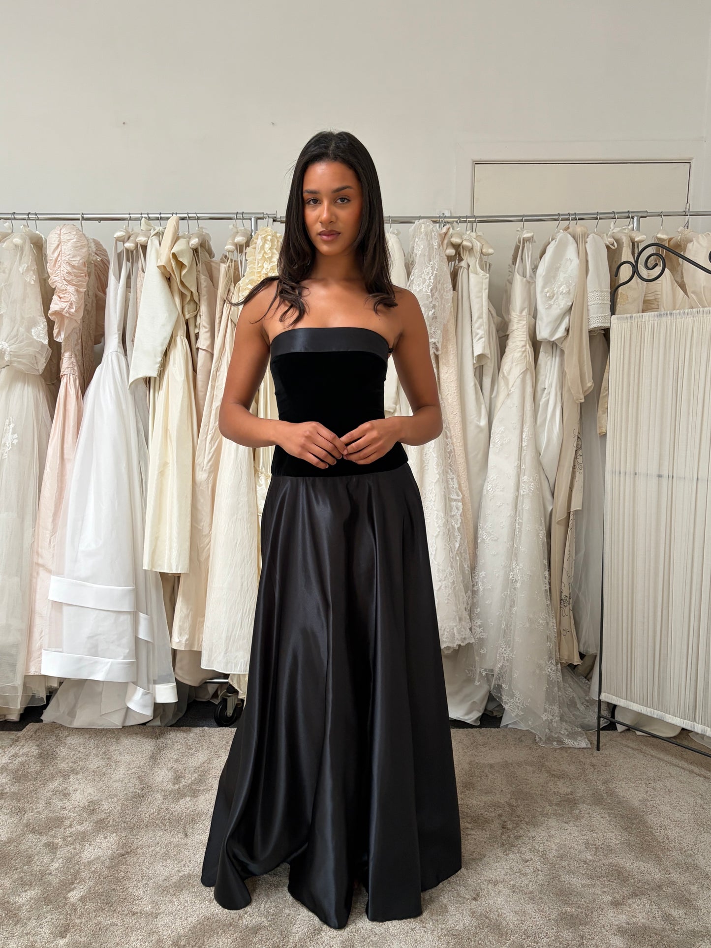 Vintage 80s Jean Allen black strapless satin velvet evening gown