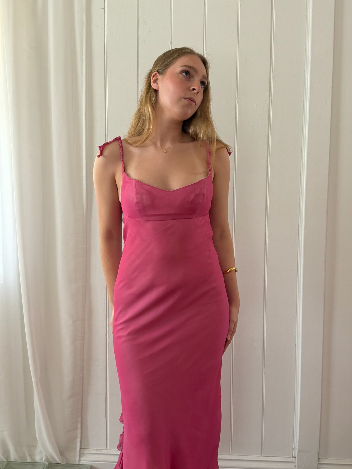 Vintage 1990 Jenny Bannister pink silk empire waist ruffle maxi dress