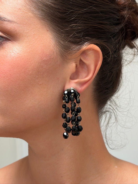 Vintage 80s black beaded dangle clip on earrings