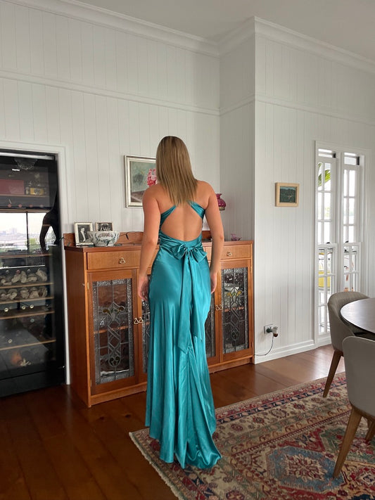 Diana Dress - Vintage y2k teal satin gown with bow