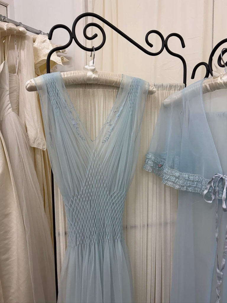 Vintage 50s ice blue sheer nylon slip dress and cape