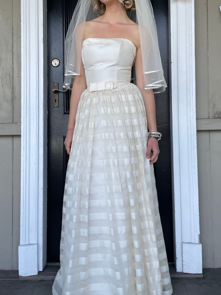 Vintage 1999 Wendy Makin Raw silk striped strapless gown