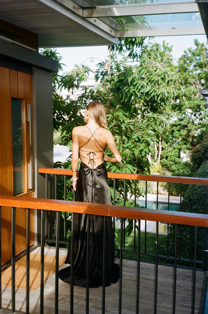 Gala Dress - Vintage 90s black satin evening gown with train