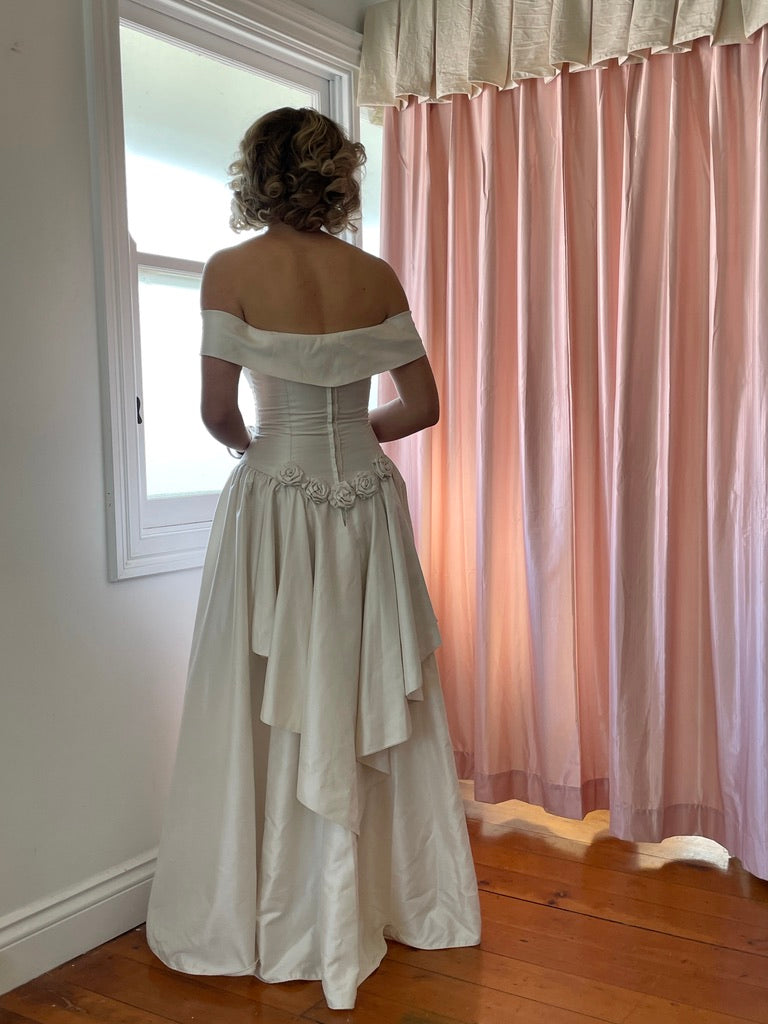 Vintage 90s silk basque waist off shoulder gown