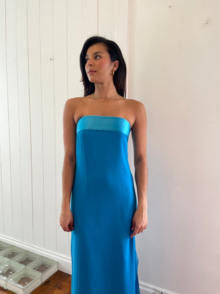 Vintage 90s blue strapless column evening dress