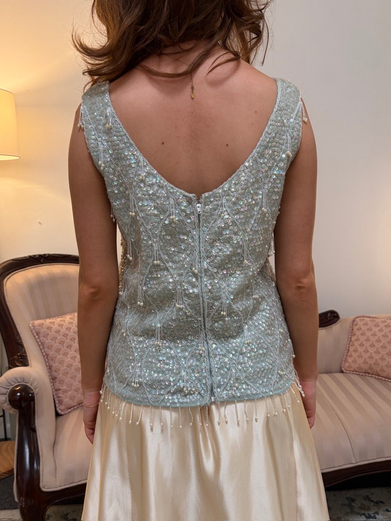 Vintage 60s Ice Blue heavily embellished wool top