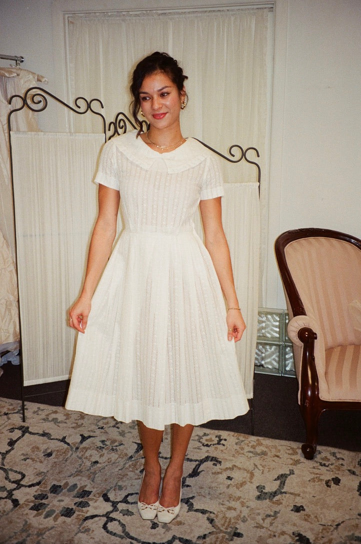 Vintage 50s ivory cotton broderie anglaise midi dress with sailor collar