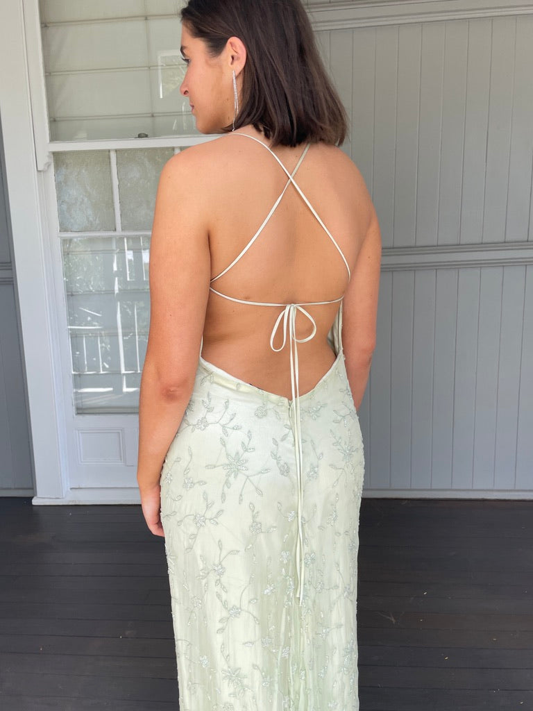 Vintage 90s pistachio green silk beaded open back evening dress