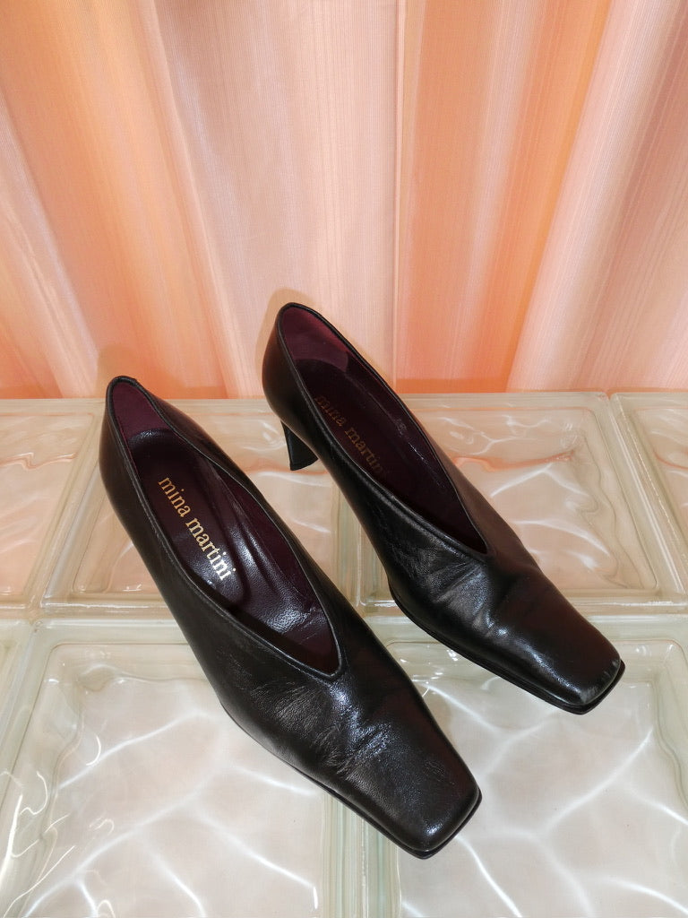 Mina Martini black leather square toe heels size 37.5