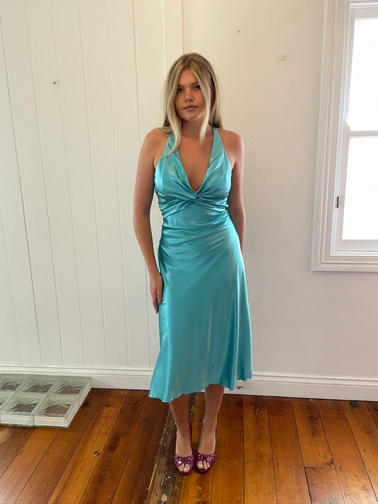 Vintage Y2K Ruth Tarvydas aqua satin midi dress