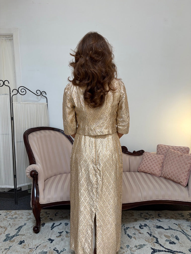 Vintage 60s gold sheath dress with matching bow jacket