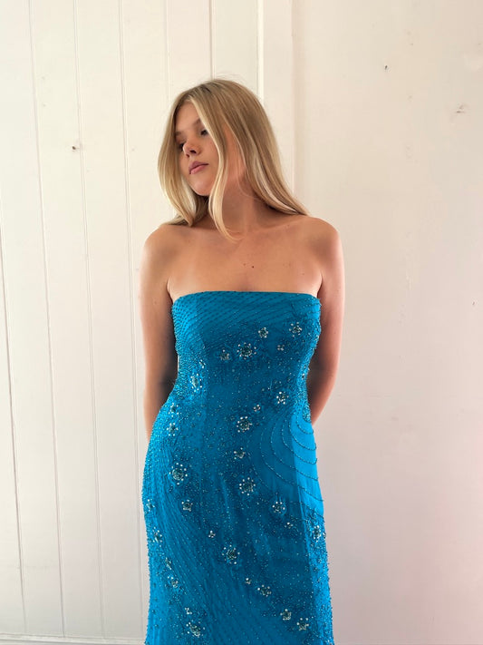 Vintage y2k silk beaded strapless formal dress ocean
