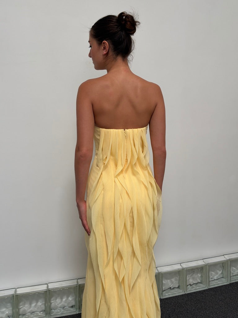 Vintage y2k Vera Wang yellow strapless ruffle gown