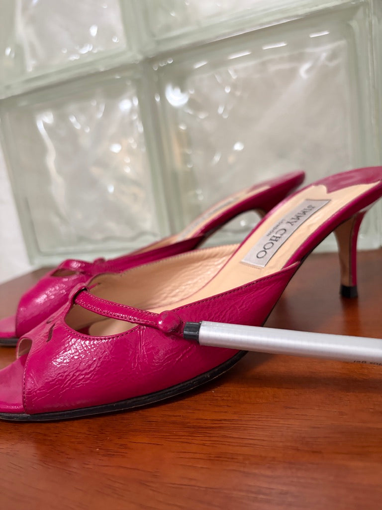 Vintage Jimmy Choo hot pink patent leather mule kitten heels