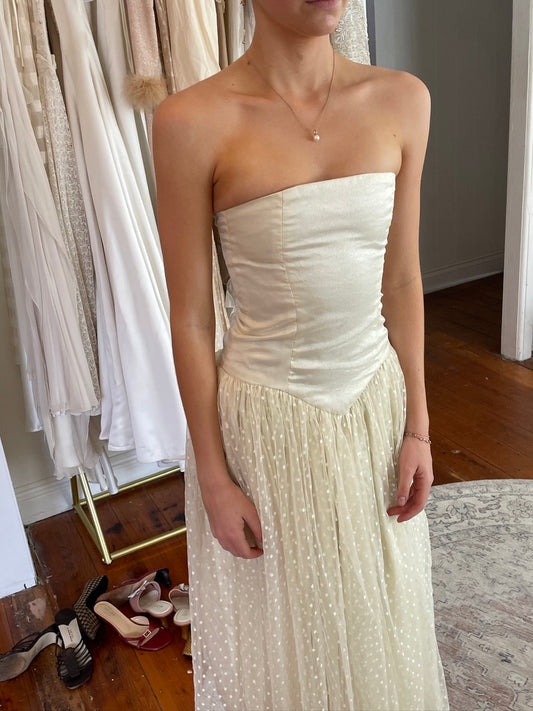 Vintage 80s cream polka dot strapless bridal midi dress