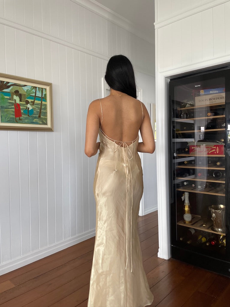 90s vintage champagne maxi dress with lace up back