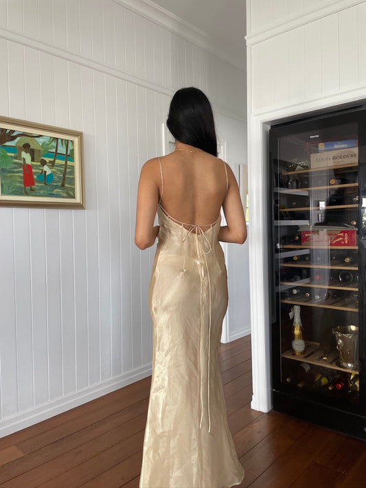 90s vintage champagne maxi dress with lace up back