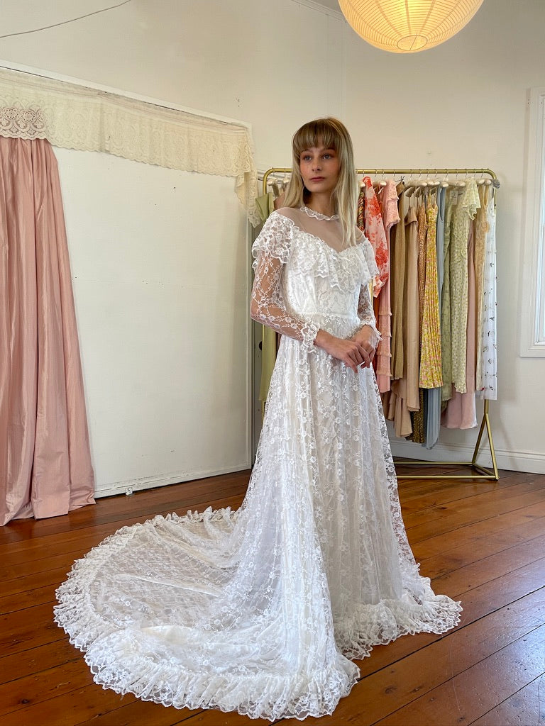 80s wedding dress long sleeve Vintage 80s dramatic lace long sleeve wedding gown with train Mondo Archive 80s wedding dress long sleeve Vintage 80s dramatic lace long sleeve wedding gown with train Mondo Archive