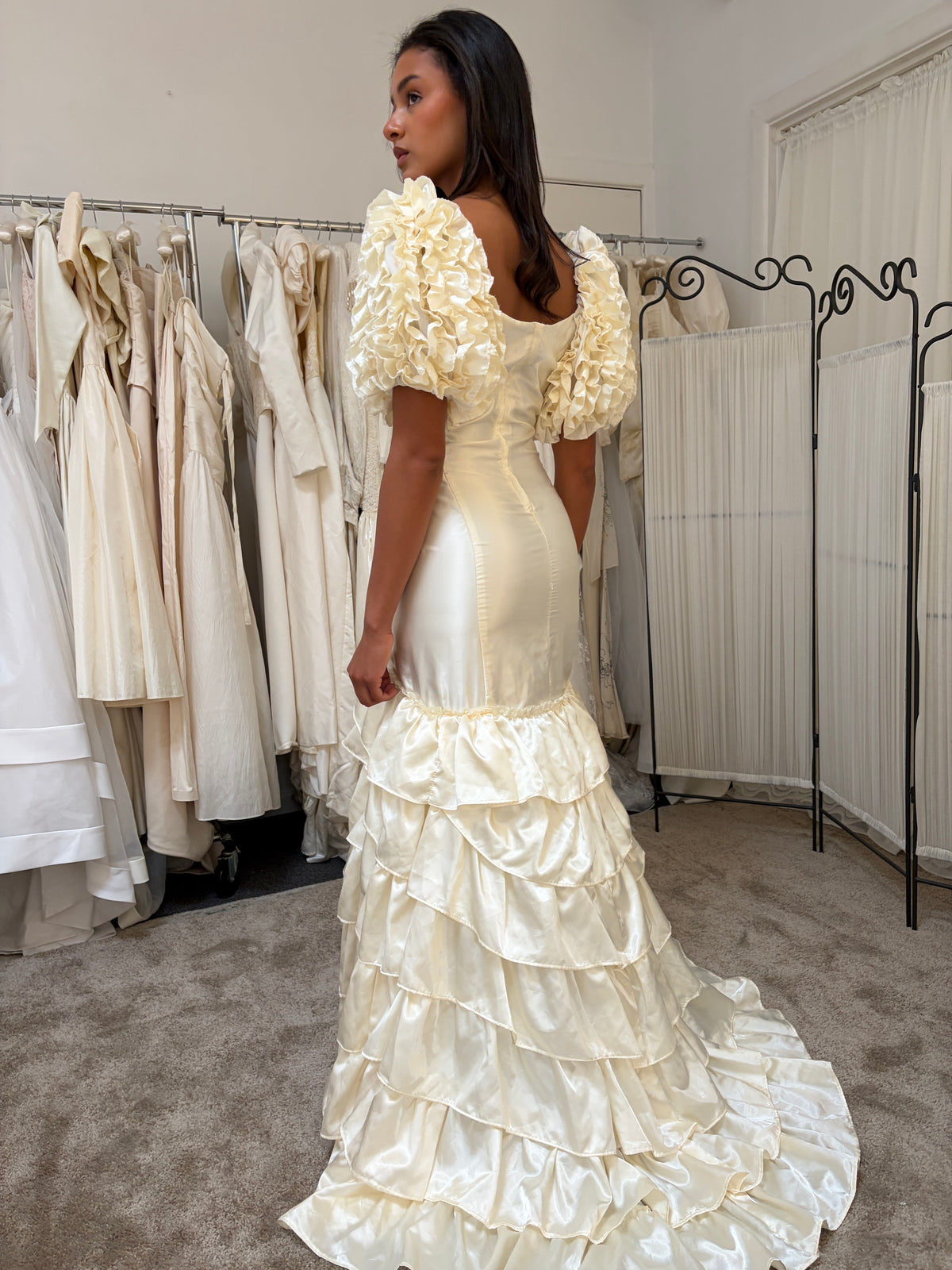 Vintage 00s cream satin drop waist tiered wedding dress
