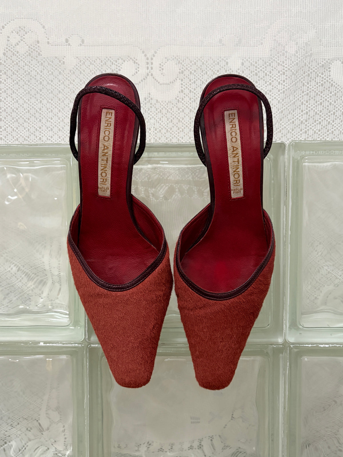 Vintage Enrico Antinori rust ponyhair slingback kitten heels
