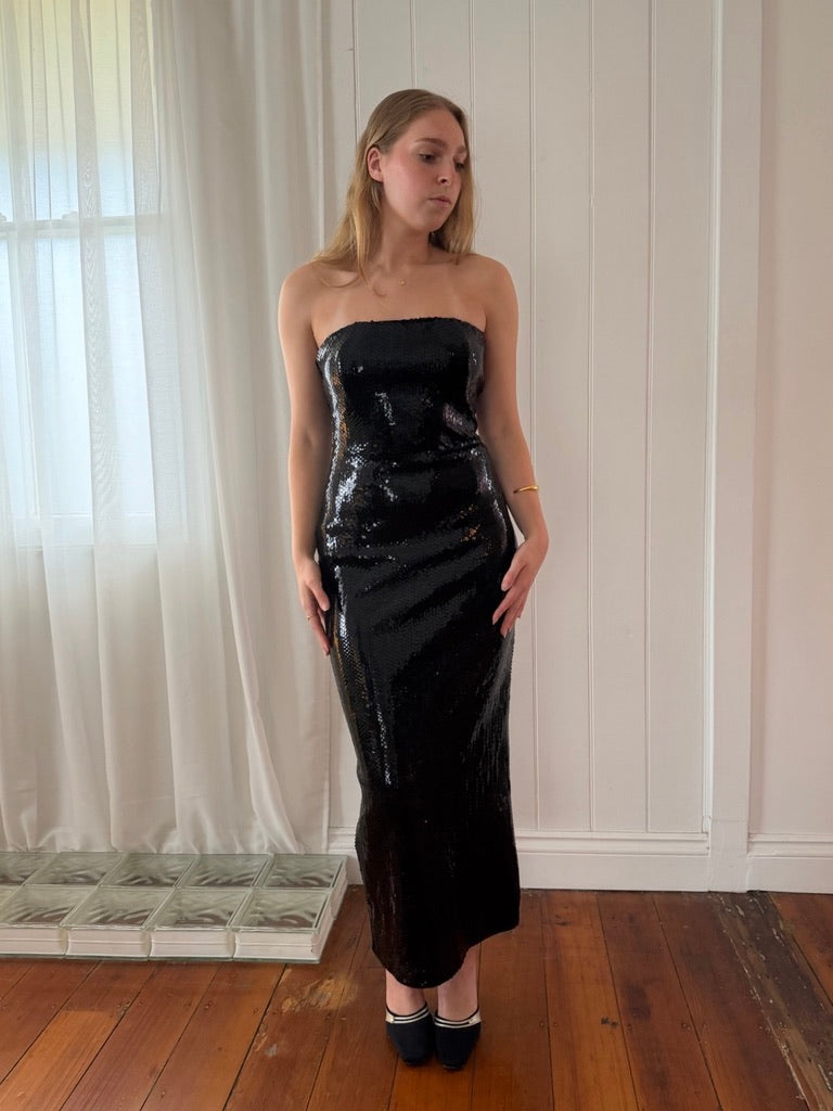Vintage 90s black sequinned strapless column dress