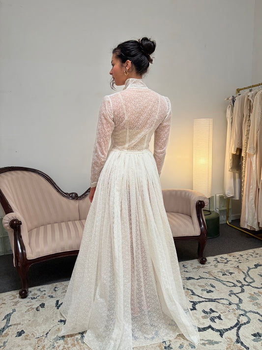 Vintage 60s long sleeve semi sheer lace high neck wedding gown
