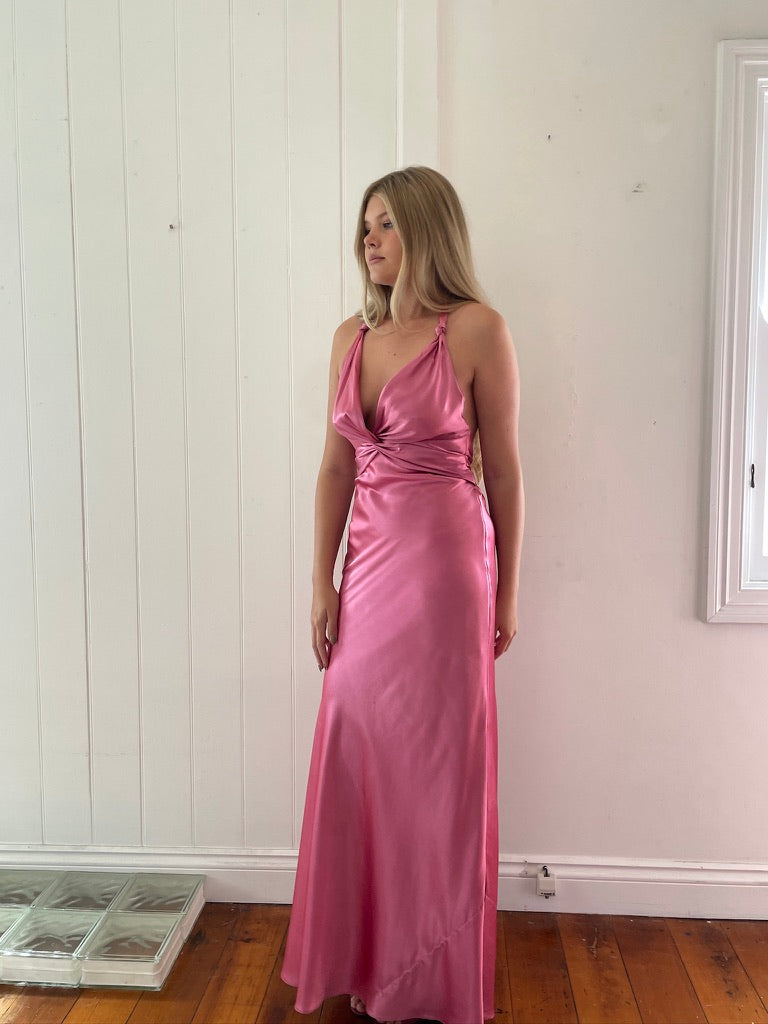 Vintage Y2K pink satin backless halter neck gown