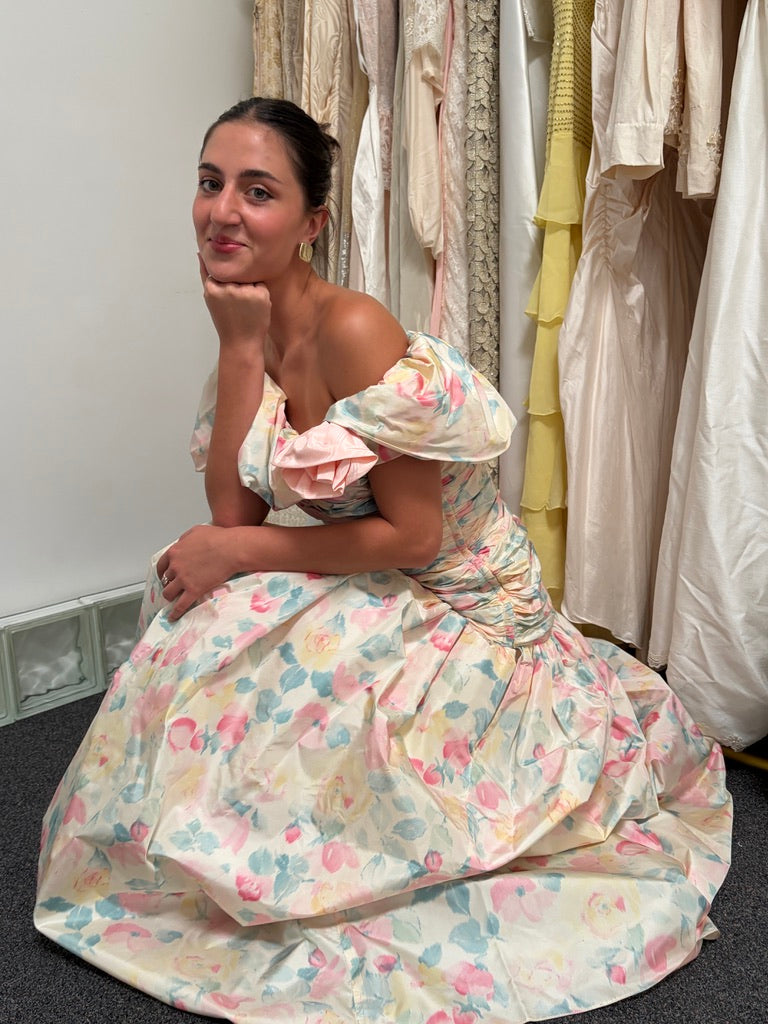 Vintage 80s rare Stephan Caras drop waist floral evening gown