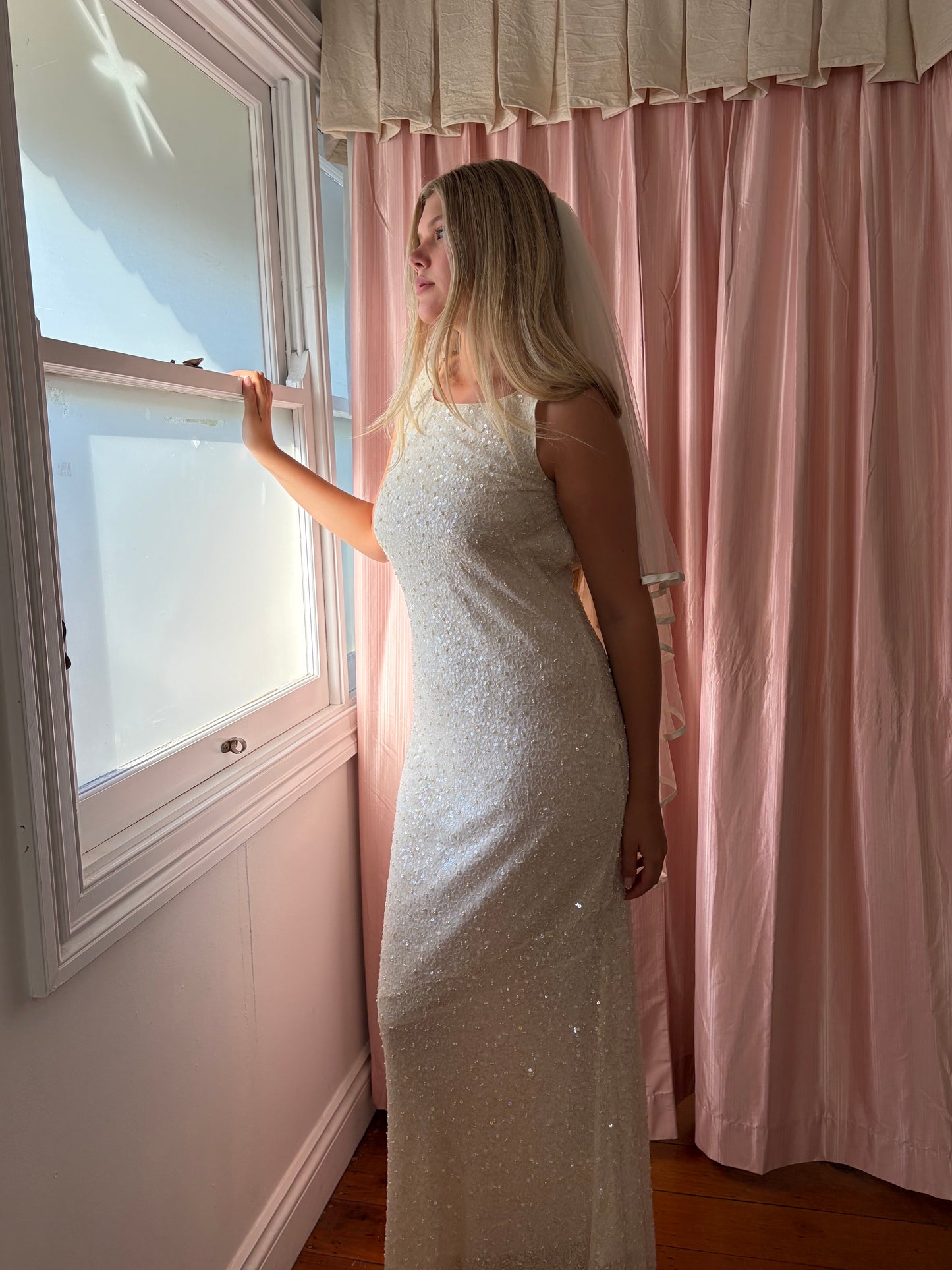 Vintage 90s silk beaded high neck gown with low back