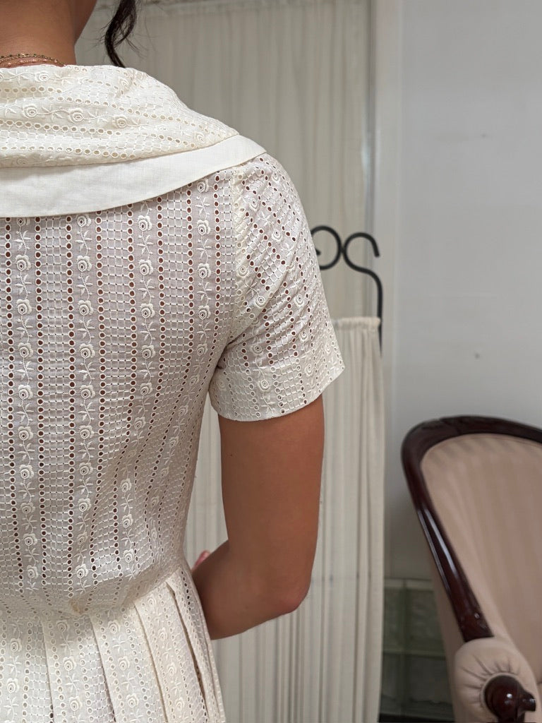 Vintage 50s ivory cotton broderie anglaise midi dress with sailor collar