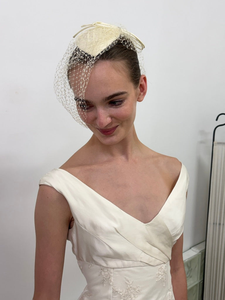 Vintage 80s cream satin bridal hat with birdcage veil