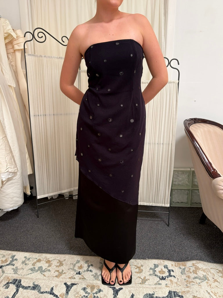 Vintage 90s black strapless evening gown with sheer overlay