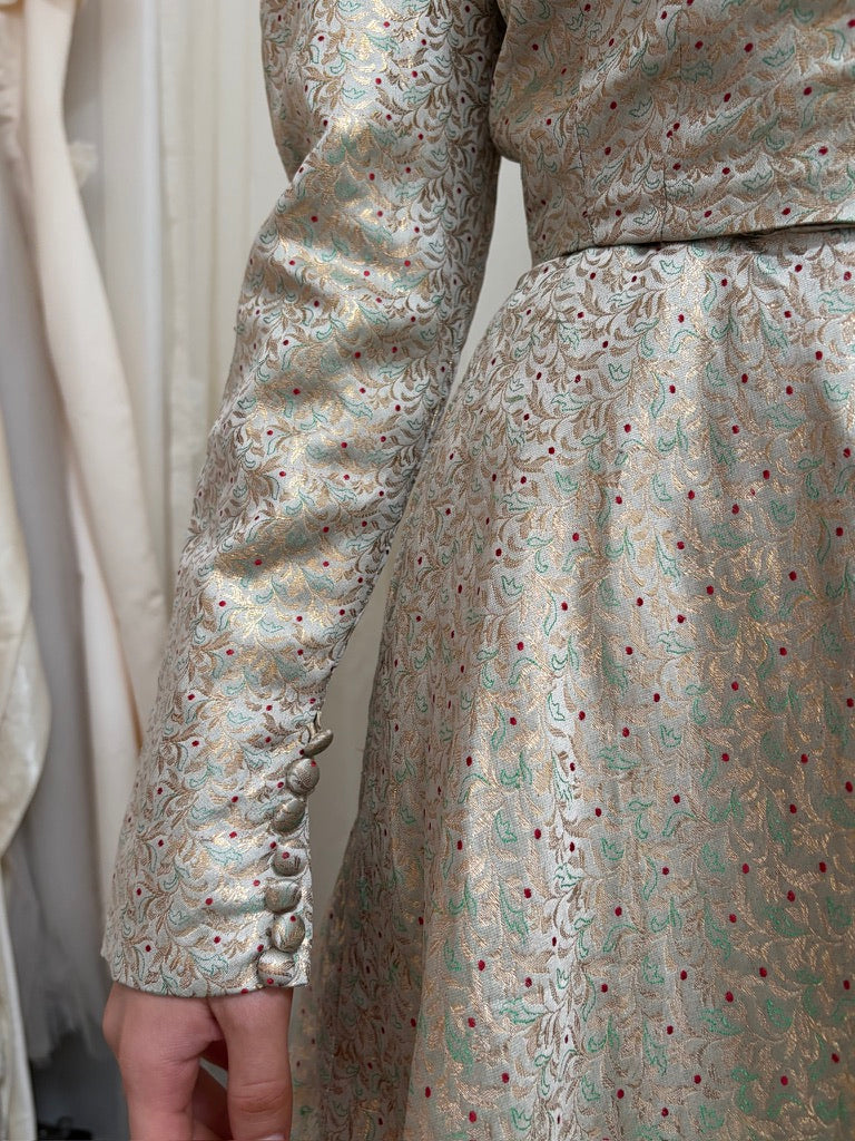 Vintage 50s gold brocade strapless evening gown with jacket