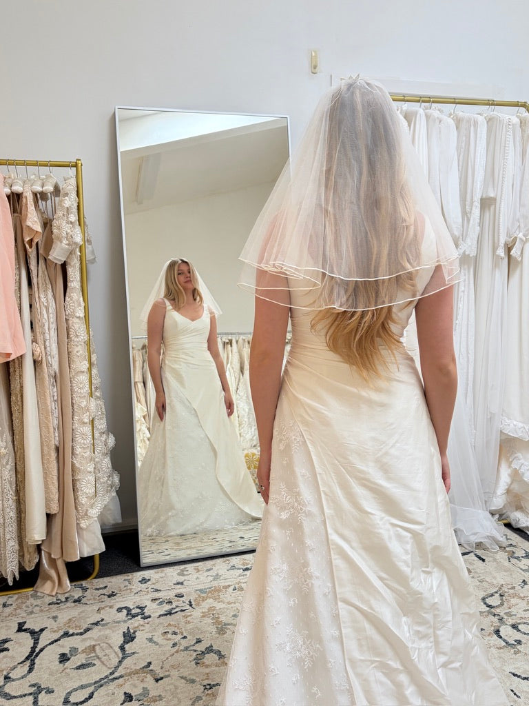 Vintage 00s V-neck draped silk taffeta lace wedding gown with train