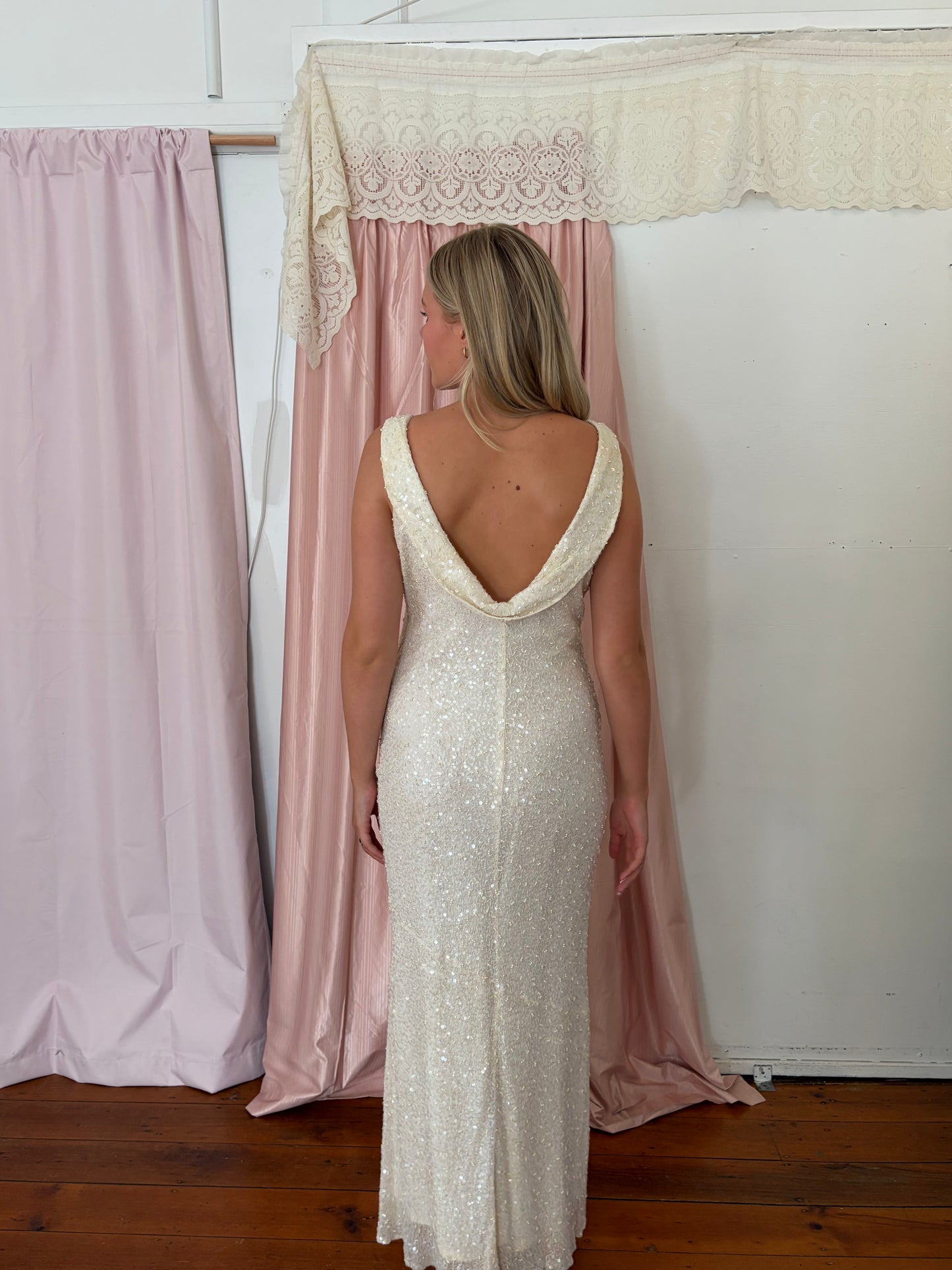 Vintage 90s silk beaded high neck gown with low back