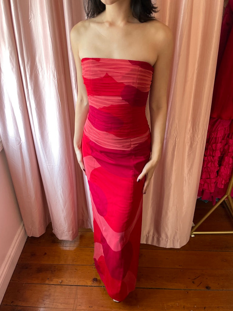 Vintage Y2K Kay Unger strapless gown with printed mesh overlay