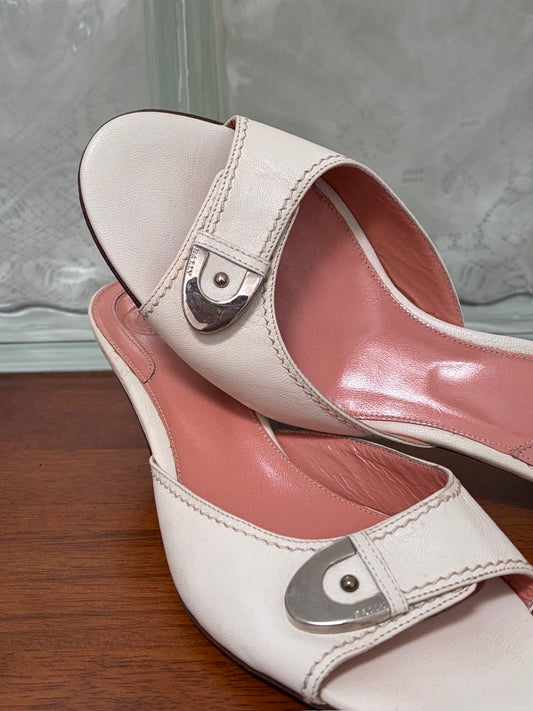 Vintage Bally white mule kitten heels with silver buckle