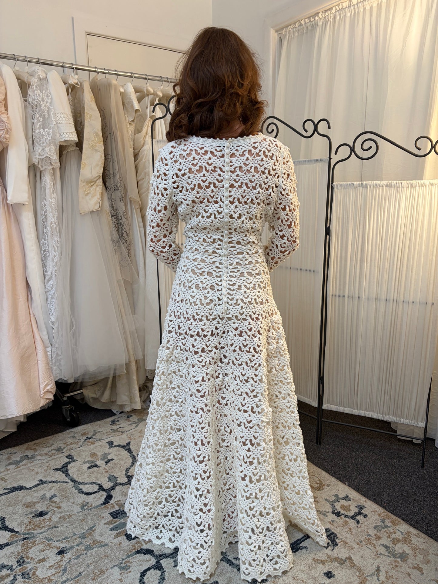 Vintage 70s ivory crochet long sleeve a-line wedding dress