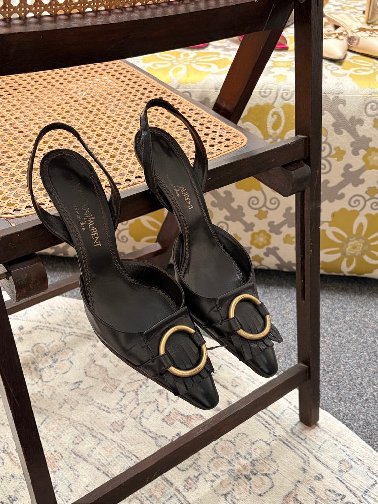 Vintage Yves Saint Laurent black leather pointed toe slingback kitten heels