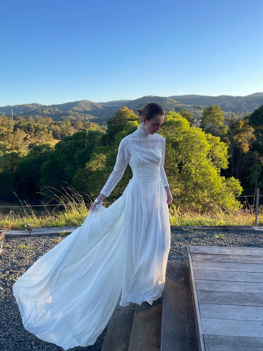 Vintage 60s long sleeve chiffon gown with guipure lace bodice