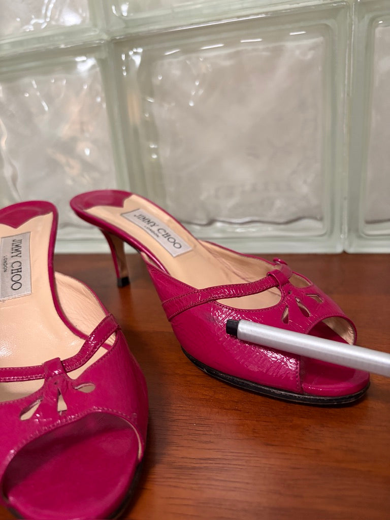Vintage Jimmy Choo hot pink patent leather mule kitten heels