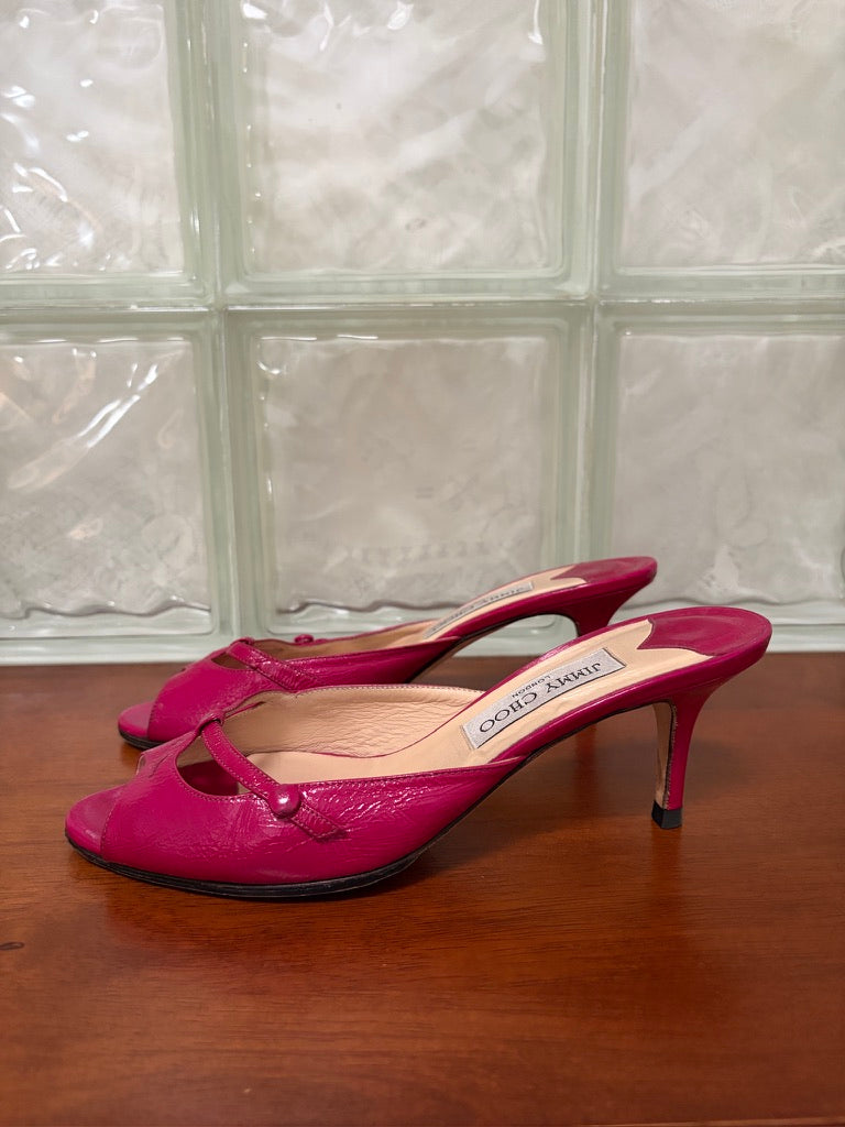 Vintage Jimmy Choo hot pink patent leather mule kitten heels
