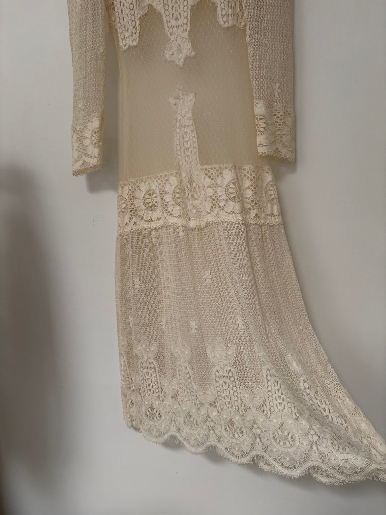 Vintage 70s does 20s cream lace drop waist bridal dress