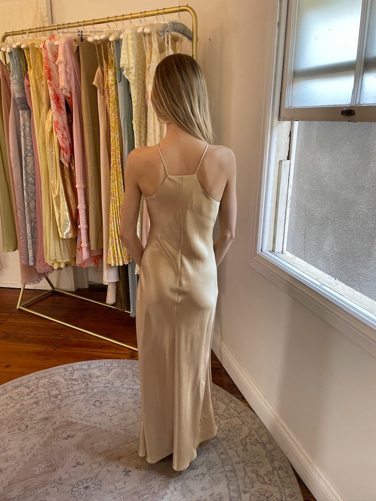 Vintage 90s champagne high neck bias cut evening dress