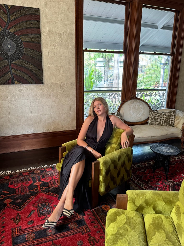 Kyra Dress - Vintage 90s black plunge neck evening gown