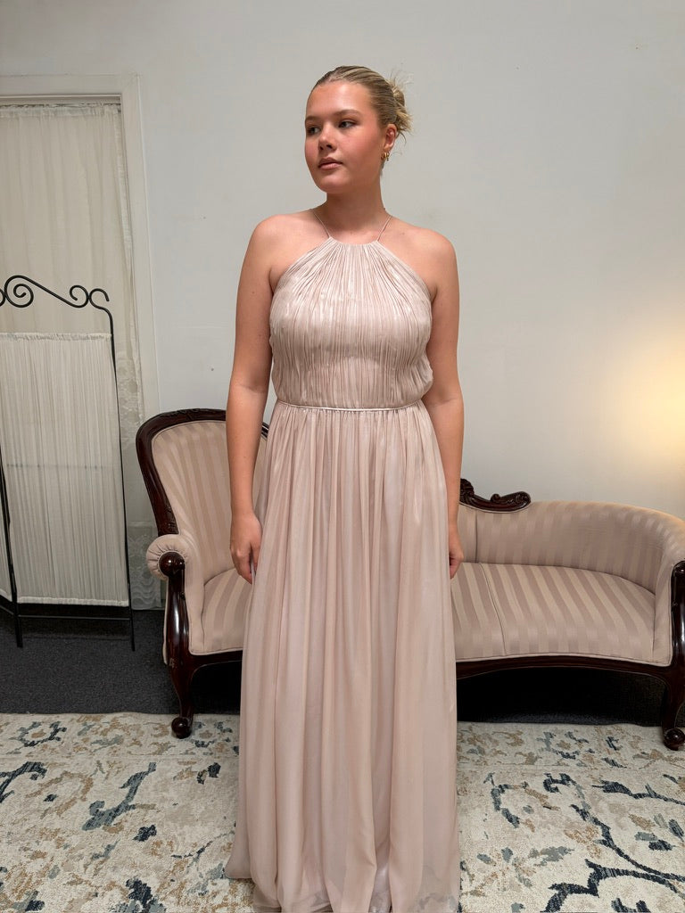 Vera Wang dusty pink shimmery pleated high neck gown